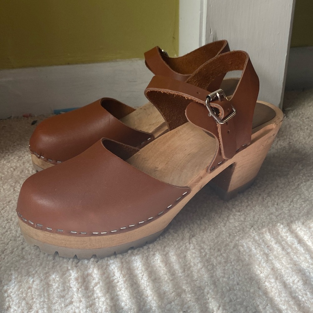 Adorable Swedish Wooden and Brown Leather Heeled Clogs